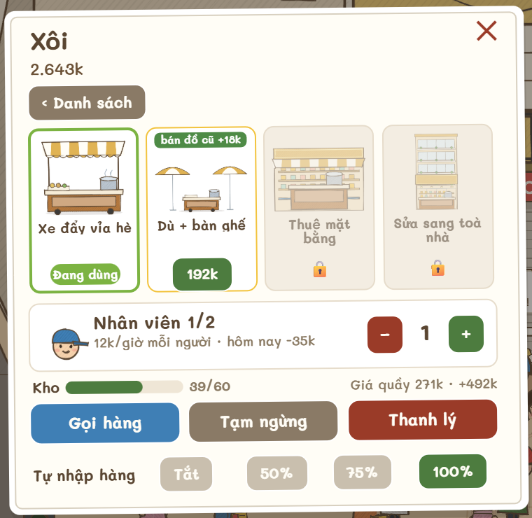 Bảng quầy: thuê nhân viên, kho, gọi hàng